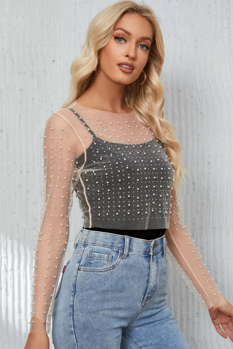 Pearl Long Sleeve Mesh Cropped Top - Byyde