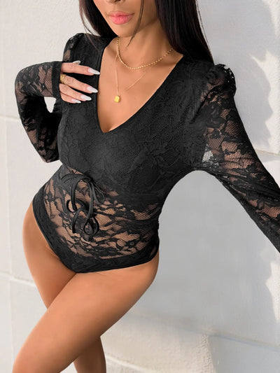 Lace Long Sleeve V-Neck Bodysuit - Byyde