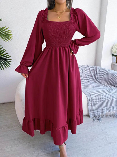 Smocked Square Neck Flounce Sleeve Dress - Byyde