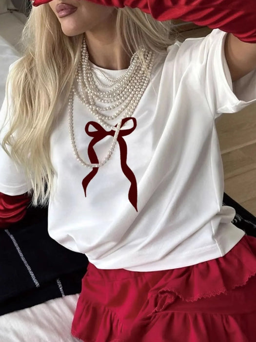 Plus Size Bow Round Neck Short Sleeve T-Shirt - Byyde