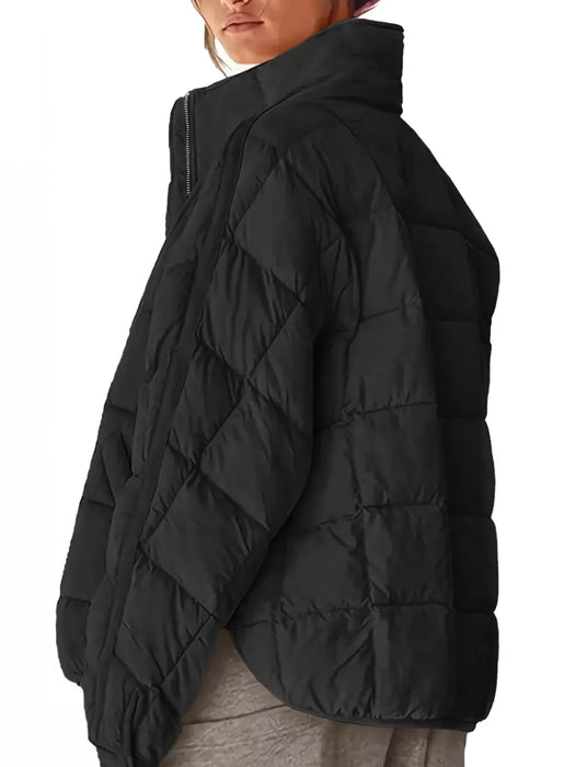 Pocketed Plaid Quilted Zip Up Winter Coat - Byyde