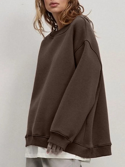 Round Neck Dropped Shoulder Long Sleeve Sweatshirt - Byyde