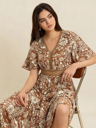 Lace Detail Printed Short Sleeve Midi Dress - Byyde