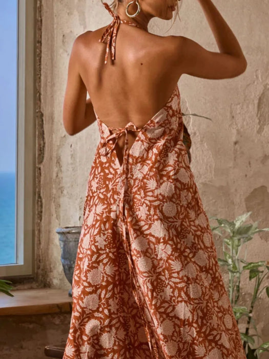Printed Halter Neck Maxi Cami Dress - Byyde