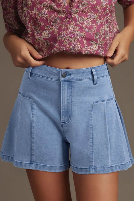 Pleated Patchwork Panel Lightweight Denim Shorts - Byyde