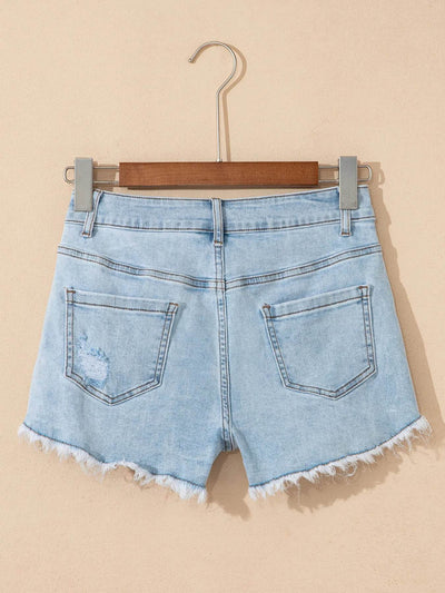 High Rise Distressed Raw Hem Denim Shorts - Byyde