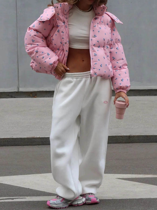 Floral Print Puffer Jacket with Hood - Byyde