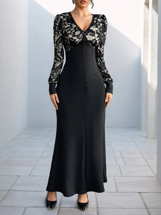 Lace V-Neck Long Sleeve Maxi Dress - Byyde