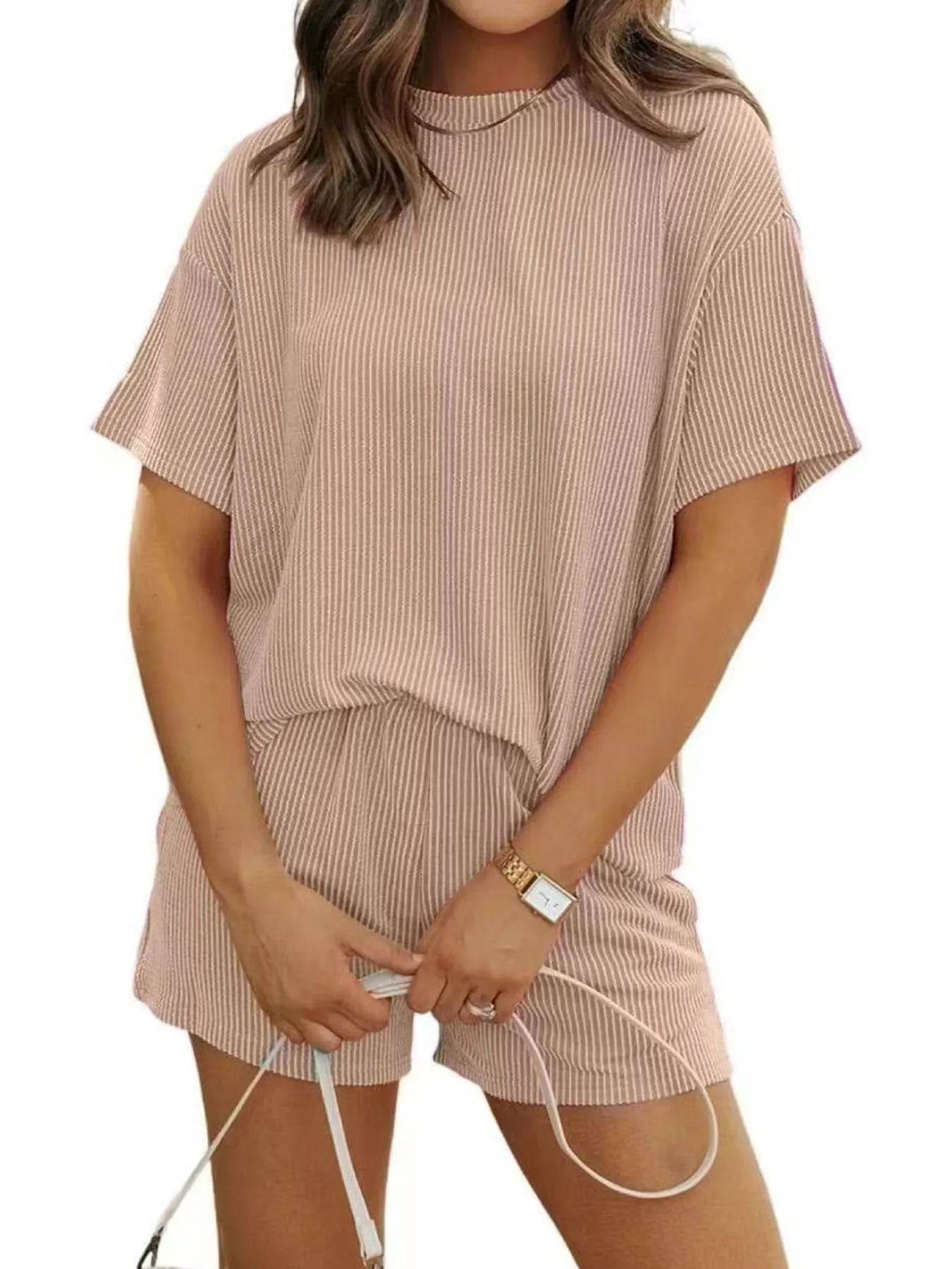 Full Size Ribbed Short Sleeve Top and Shorts Two-Piece Set Plus Size - Byyde