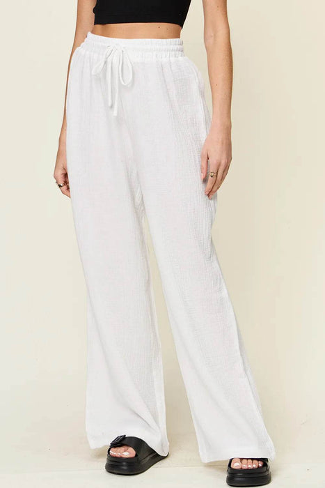 Double Take Full Size Texture Drawstring Wide Leg Pants - Byyde