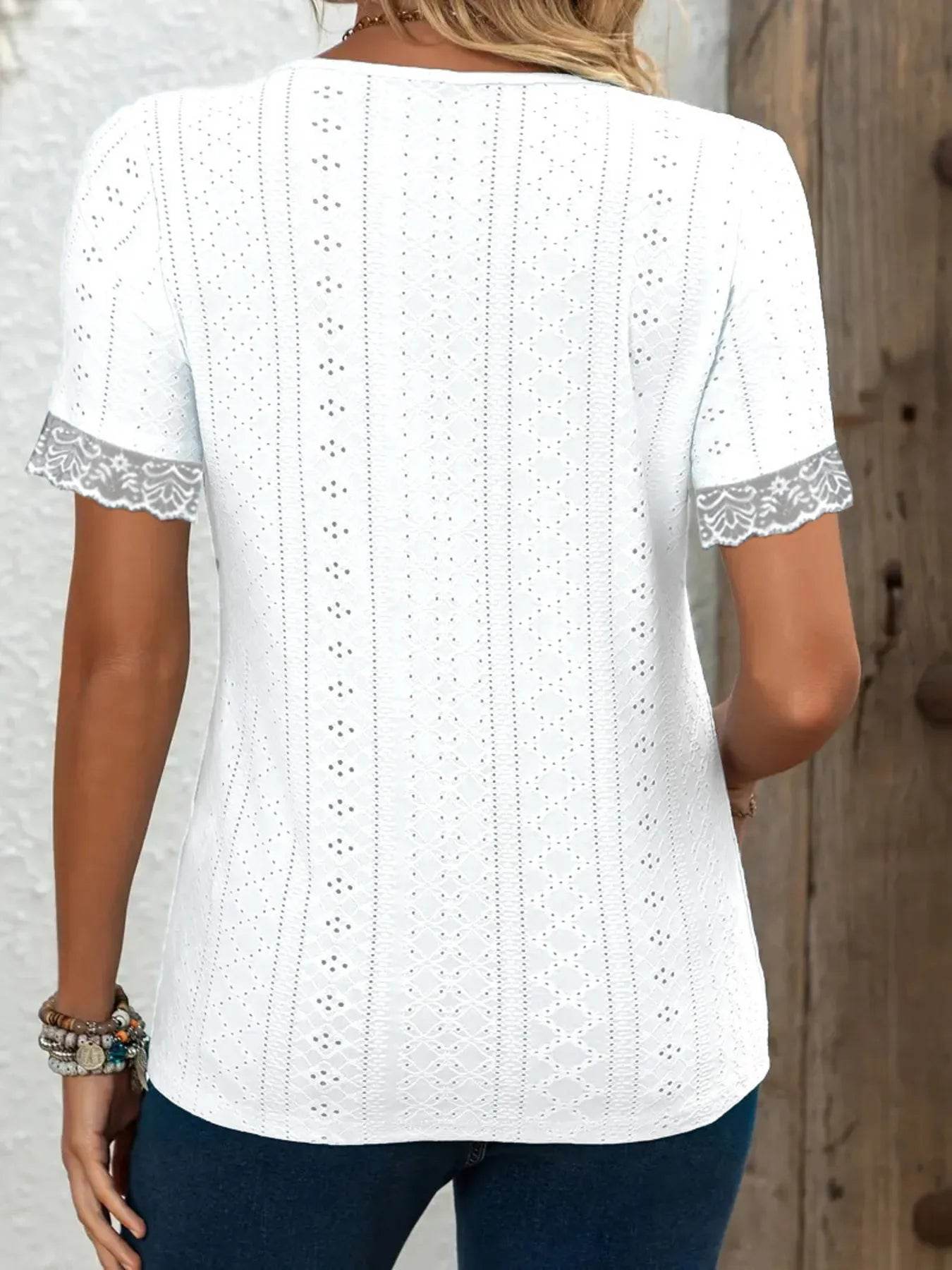 Eyelet Lace Trim Short Sleeve Blouse - Byyde