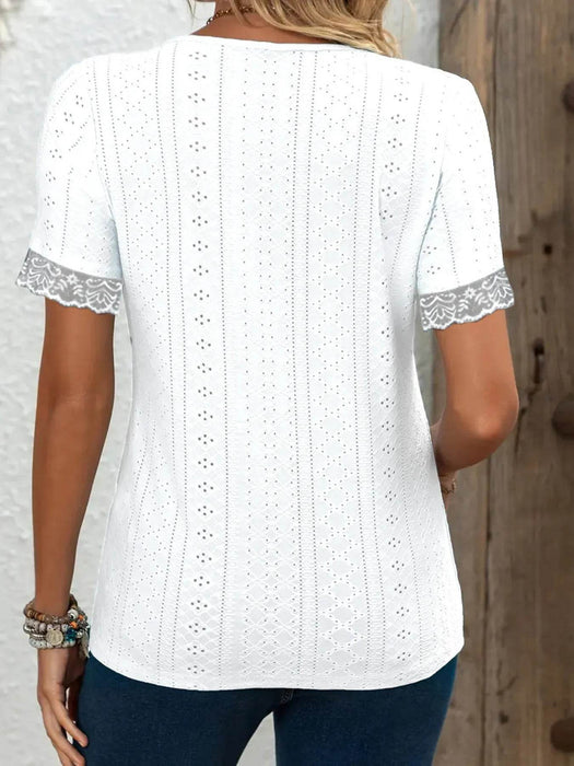 Eyelet Lace Trim Short Sleeve Blouse - Byyde
