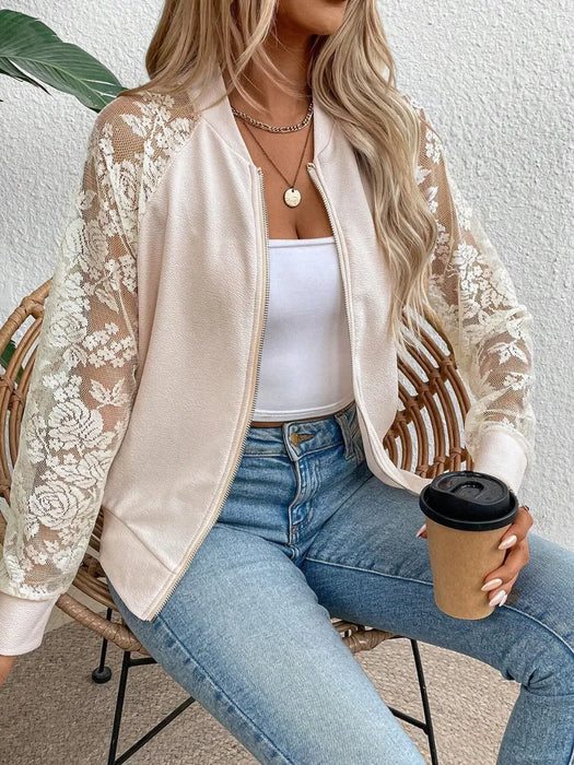 Lace Baseball Collar Zip Up Jacket - Byyde