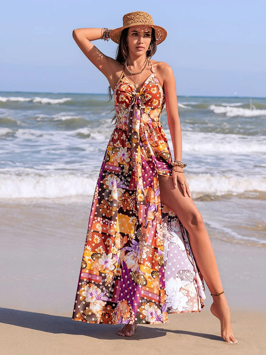 Slit Printed Halter Neck Cami Dress - Byyde