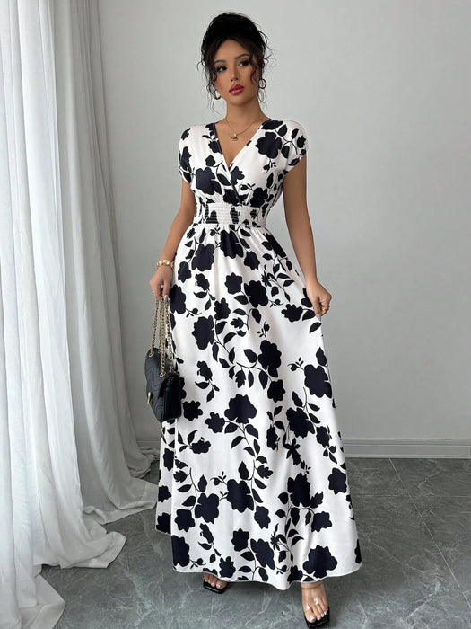 Printed Surplice Cap Sleeve Maxi Dress - Byyde