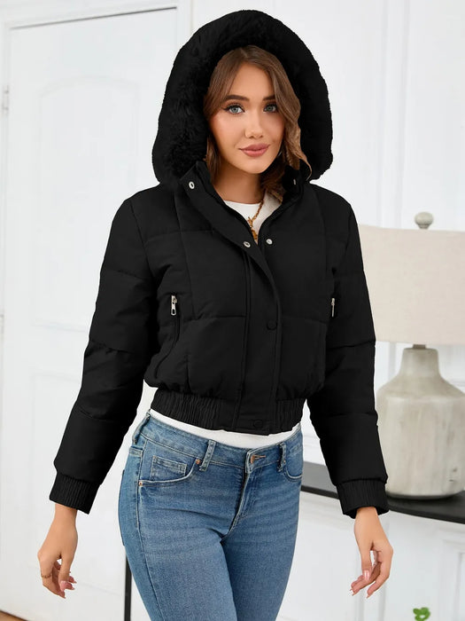 Pocketed Long Sleeve Cropped Hooded Winter Coat - Byyde