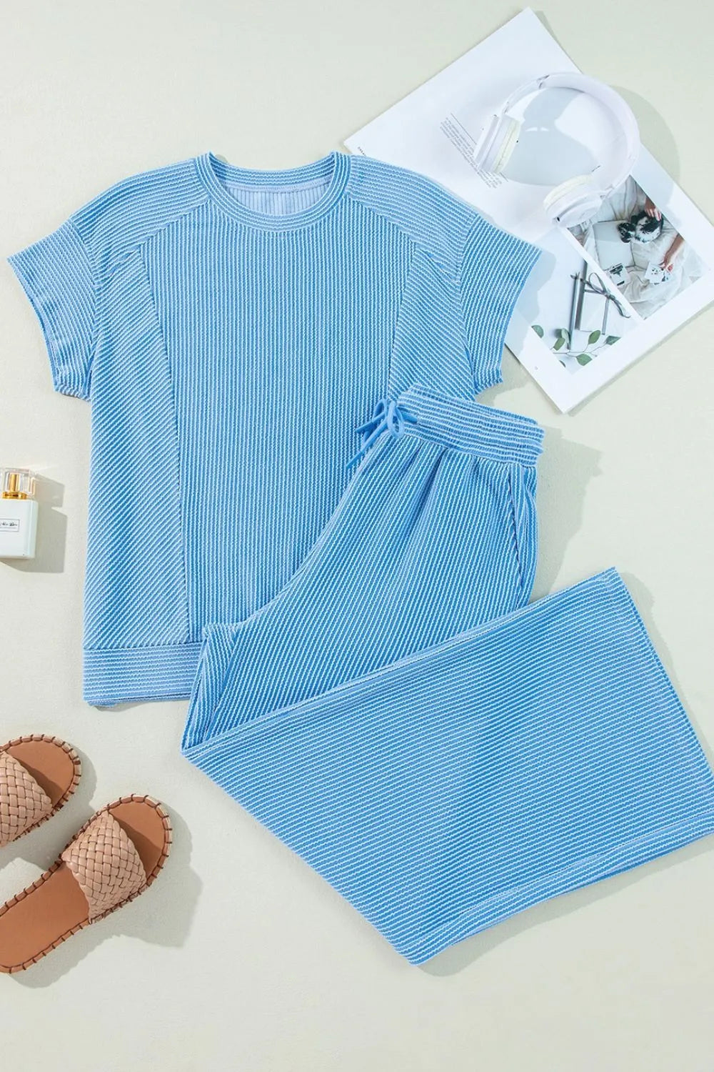 Ribbed Knit Round Neck Top and Pants Casual Set - Byyde