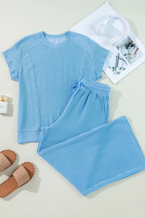 Ribbed Knit Round Neck Top and Pants Casual Set - Byyde
