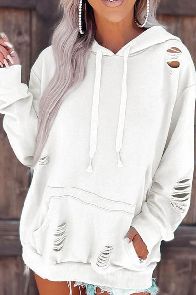 Distressed Drawstring Long Sleeve Hoodie - Byyde