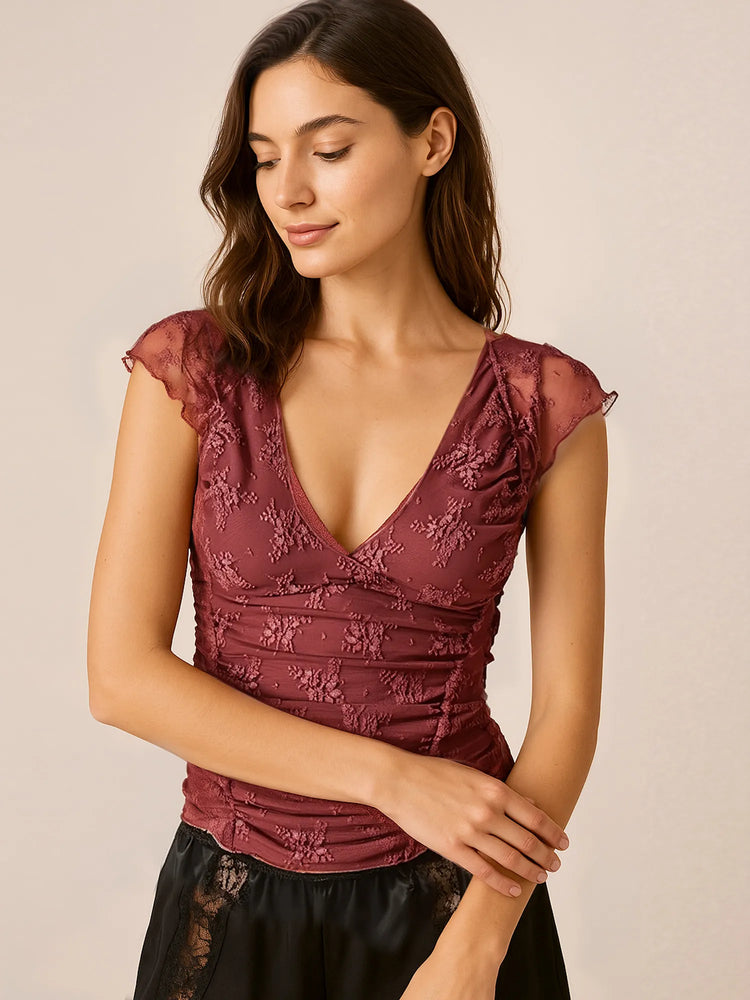 Lace Cap Sleeve Ruched T-Shirt - Byyde