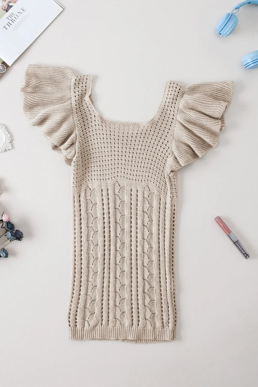 Openwork Ruffled Scoop Neck Knit Top - Byyde