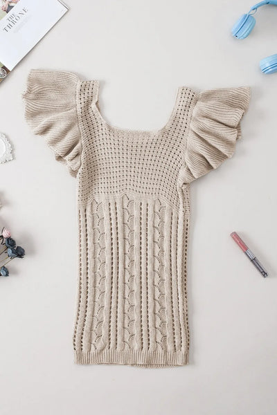 Openwork Ruffled Scoop Neck Knit Top - Byyde