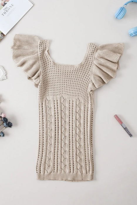 Openwork Ruffled Scoop Neck Knit Top - Byyde