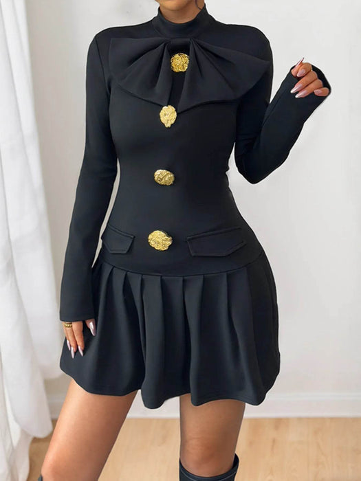 Decorative Button Mock Neck Long Sleeve Mini Dress - Byyde