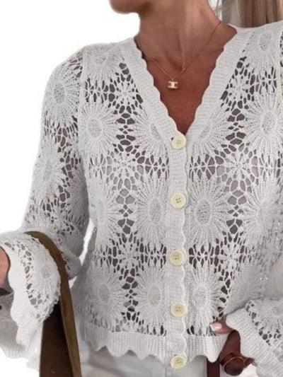 Lace V-Neck Button-Up Cardigan - Byyde