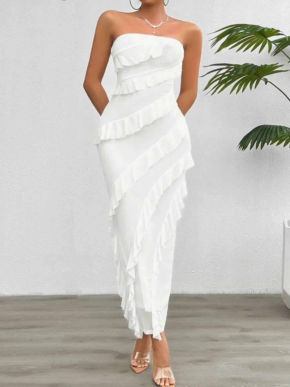 Devine Ruffled Slit Back Tube Maxi Dress - Byyde