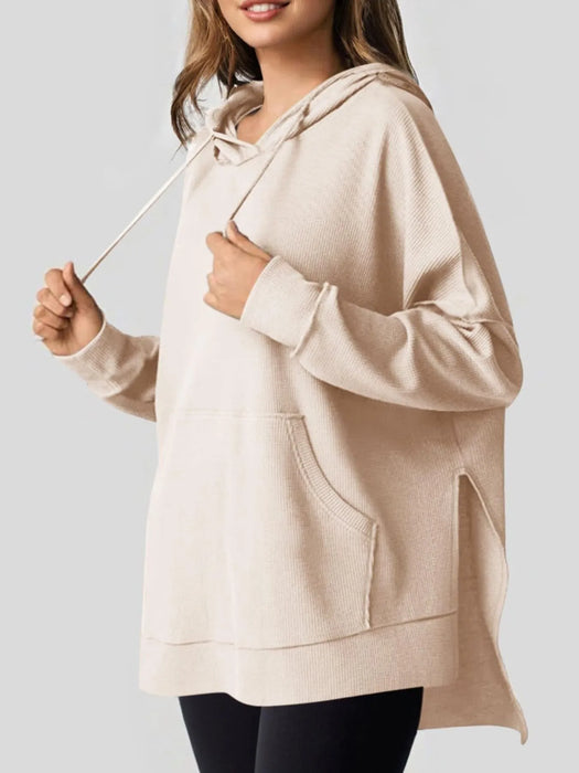 Slit Drawstring Waffle Knit Hoodie - Byyde