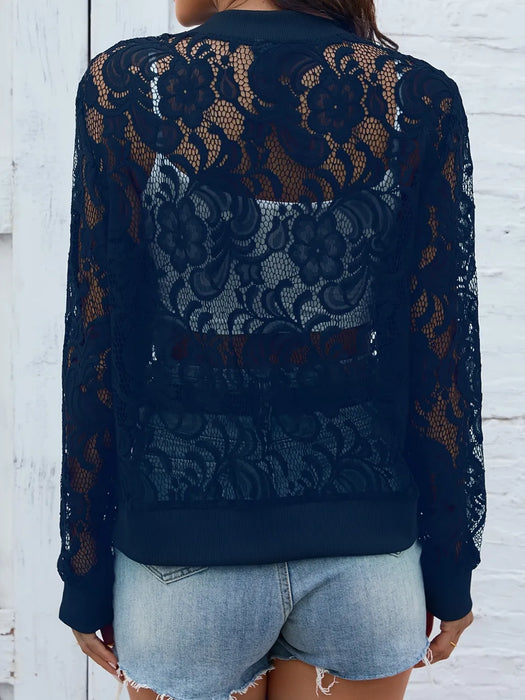 Sheer Lace Zip Up Long Sleeve Jacket - Byyde