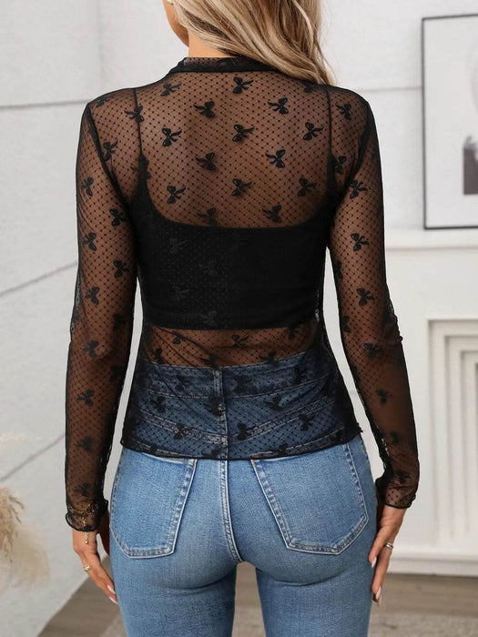 Floral Mock Neck Long Sleeve Mesh Top - Byyde