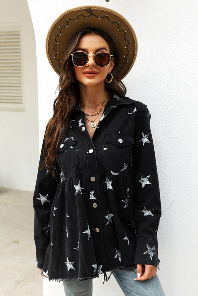 Collared Neck Star Print Long Sleeve Denim Jacket - Byyde