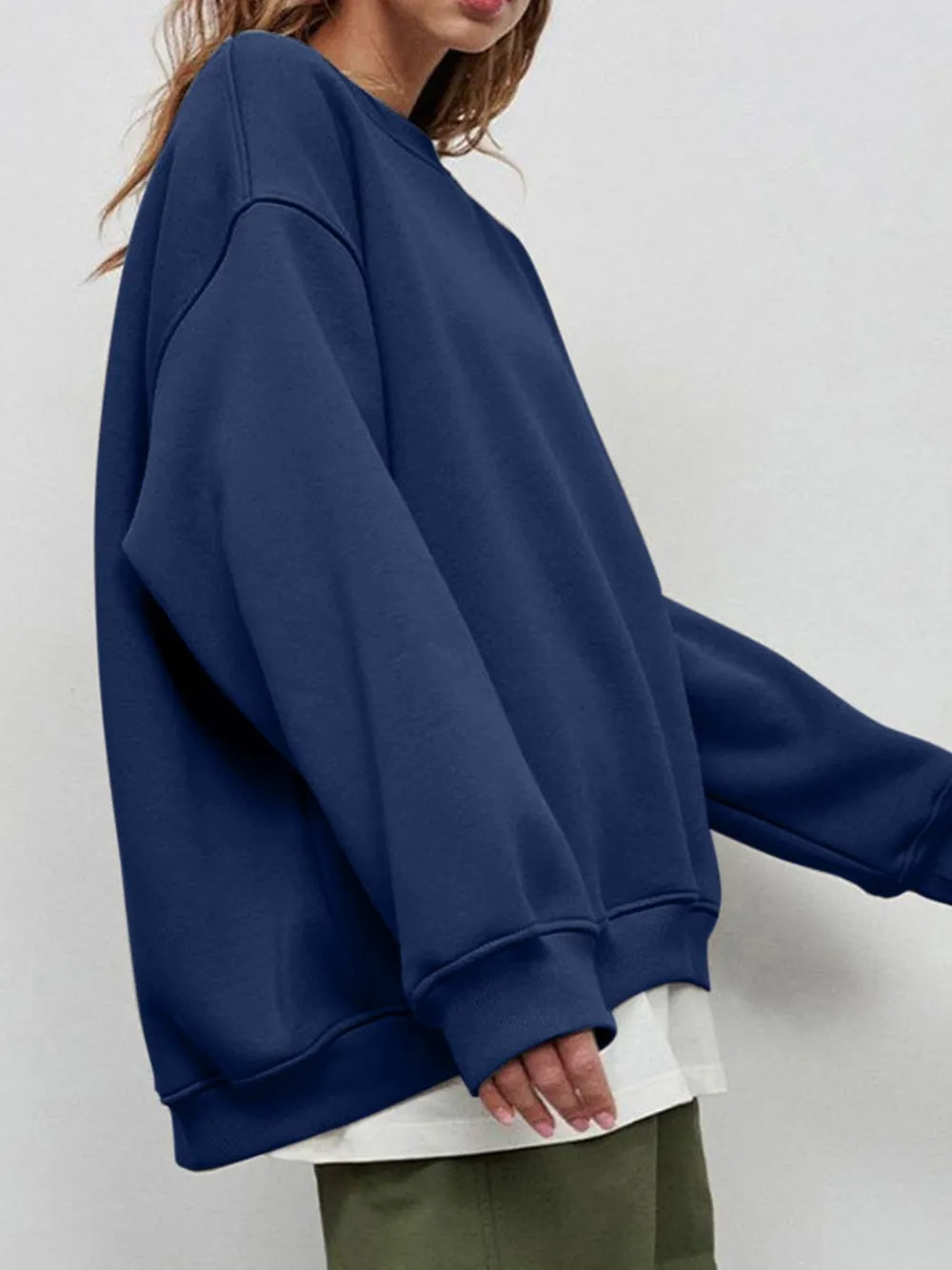 Round Neck Dropped Shoulder Long Sleeve Sweatshirt - Byyde