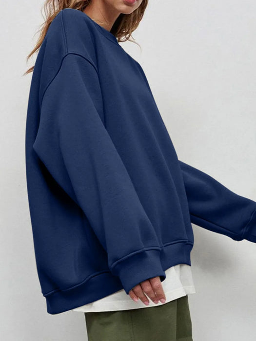 Round Neck Dropped Shoulder Long Sleeve Sweatshirt - Byyde
