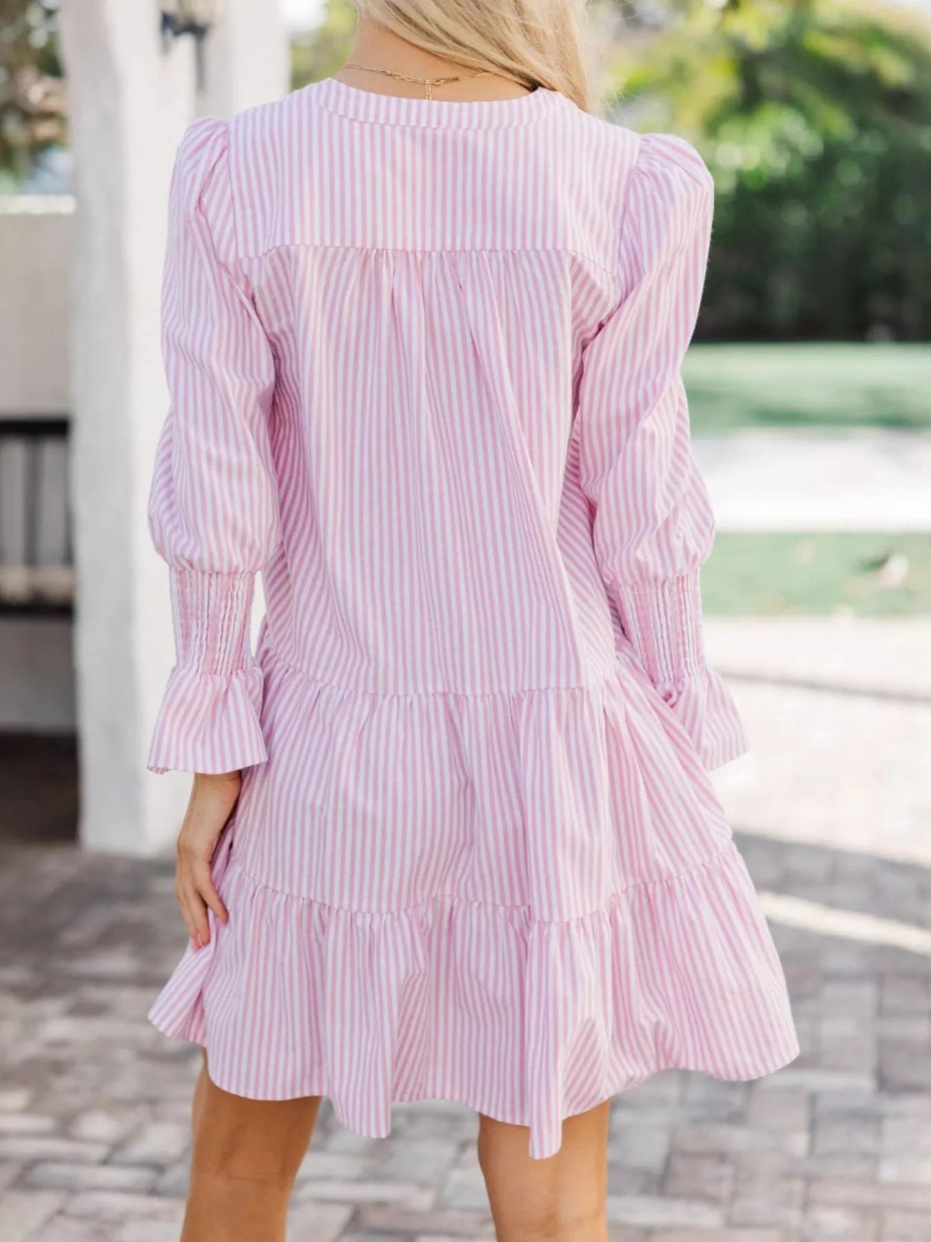 Striped Tiered Flounce Sleeve Shirt Dress - Byyde