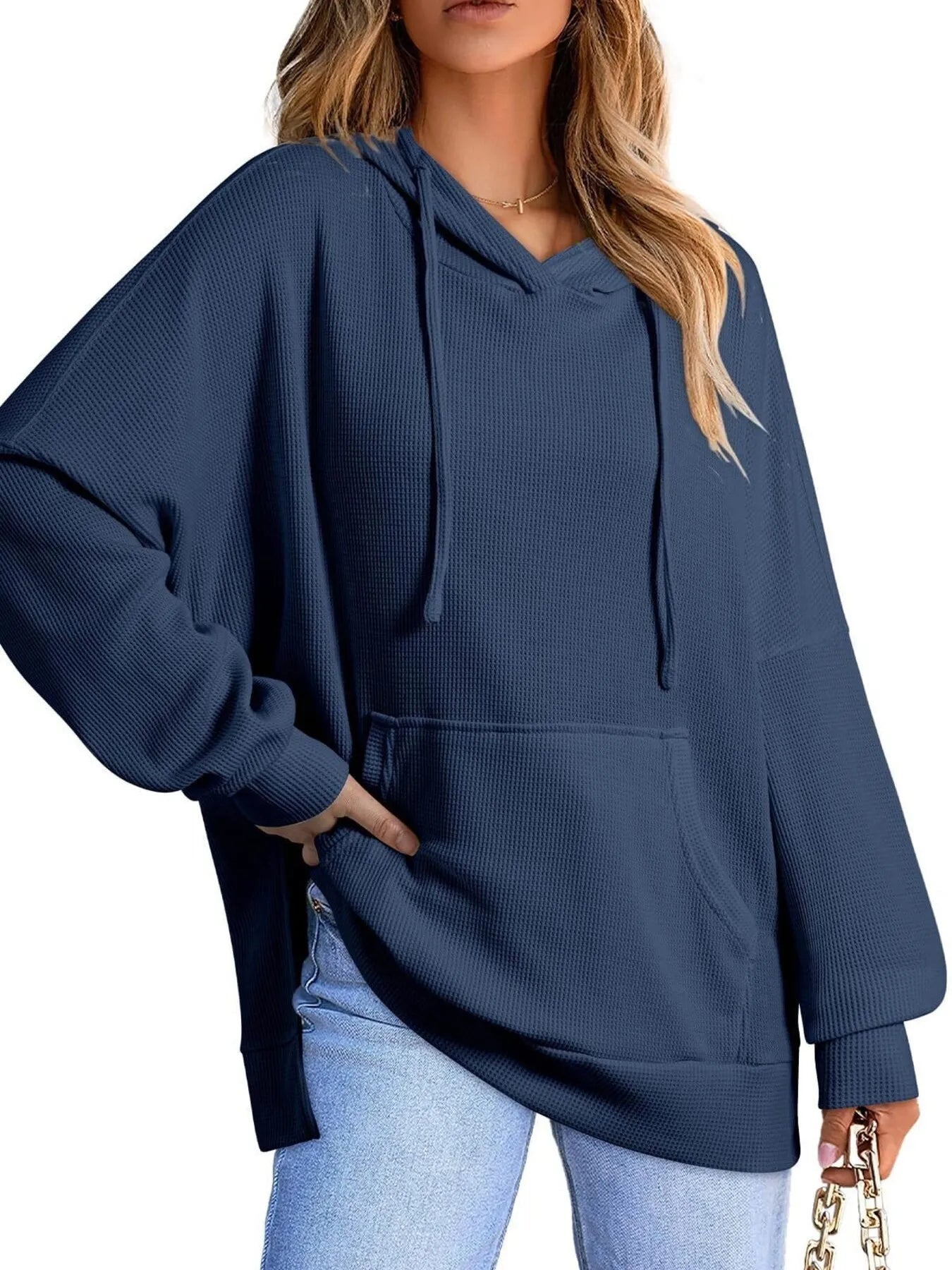 Slit Drawstring Waffle Knit Hoodie - Byyde
