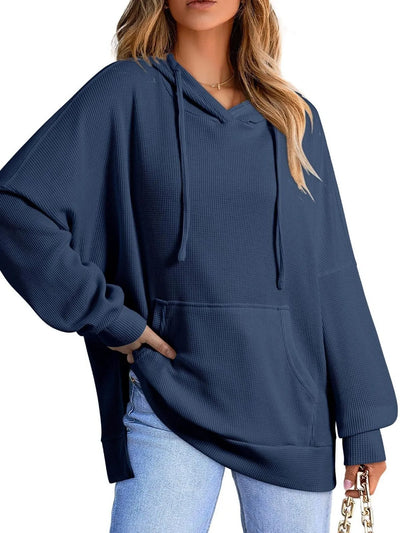 Slit Drawstring Waffle Knit Hoodie - Byyde