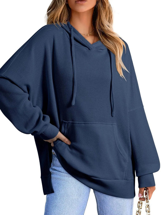 Slit Drawstring Waffle Knit Hoodie - Byyde