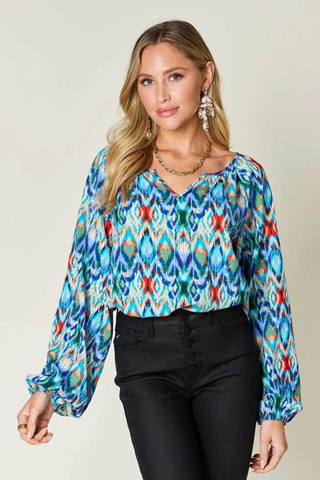 Double Take Full Size Printed Balloon Sleeve Blouse - Byyde