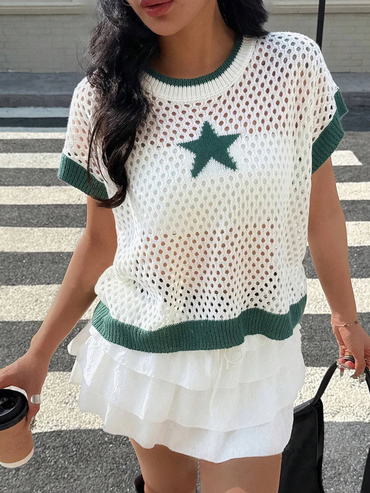 Star Pattern Mesh Knit Short Sleeve Knit Top - Byyde