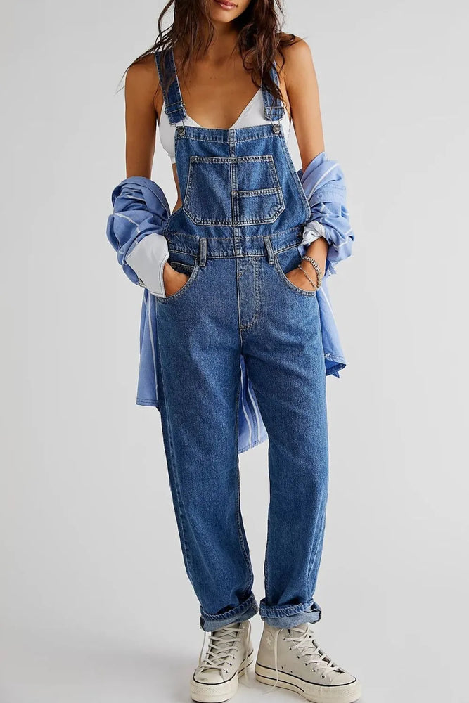 Wide Strap Square Neck Denim Overalls - Byyde