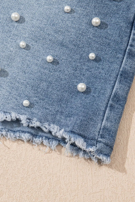 Pearl Beaded Raw Hem Wash Denim Shorts - Byyde
