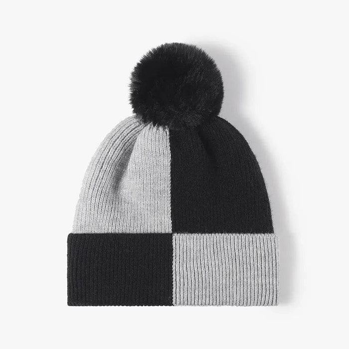Color Block Knit Hat with Pom-pom - Byyde