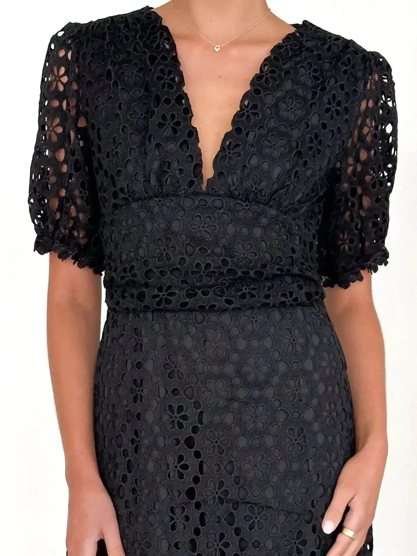 Eyelet Lace V-Neck Midi Dress with Puff Sleeves - Byyde