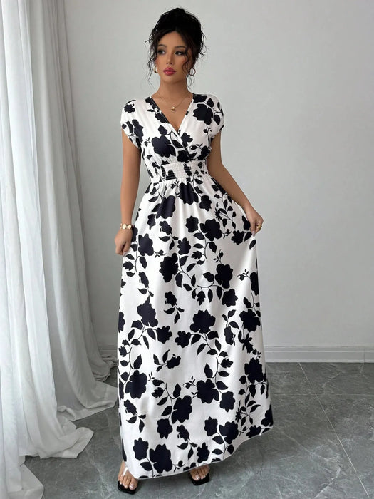 Printed Surplice Cap Sleeve Maxi Dress - Byyde