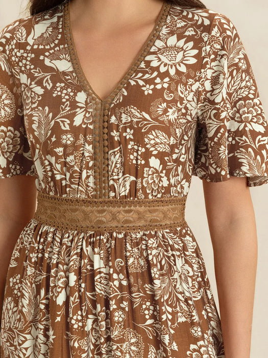 Lace Detail Printed Short Sleeve Midi Dress - Byyde