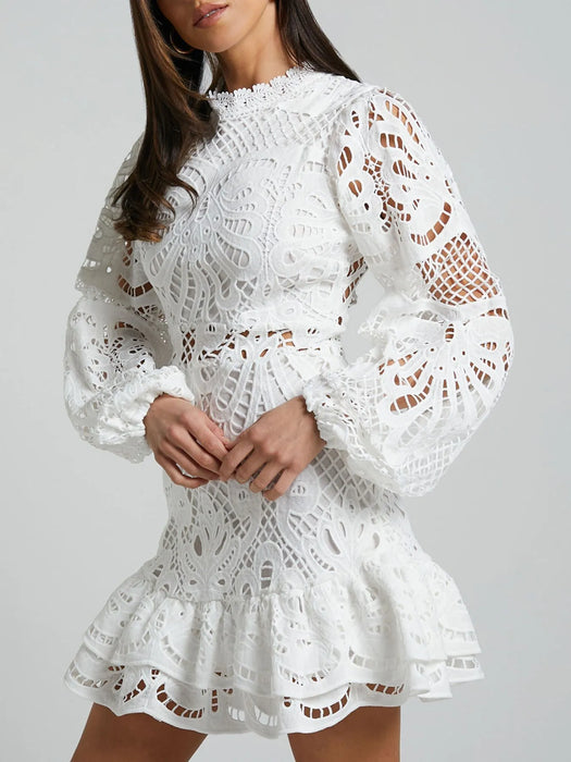 Lace Crochet Long Sleeve Mini Dress - Byyde