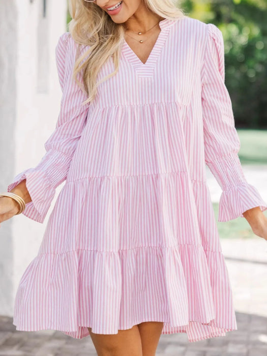 Striped Tiered Flounce Sleeve Shirt Dress - Byyde